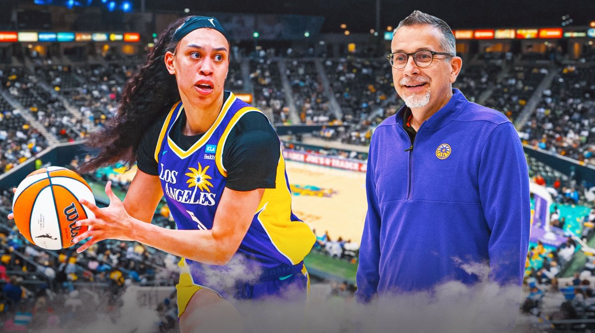 Dearica Hamby alongside Sparks head coach Curt Miller with the Sparks arena in the background, Cameron Brink