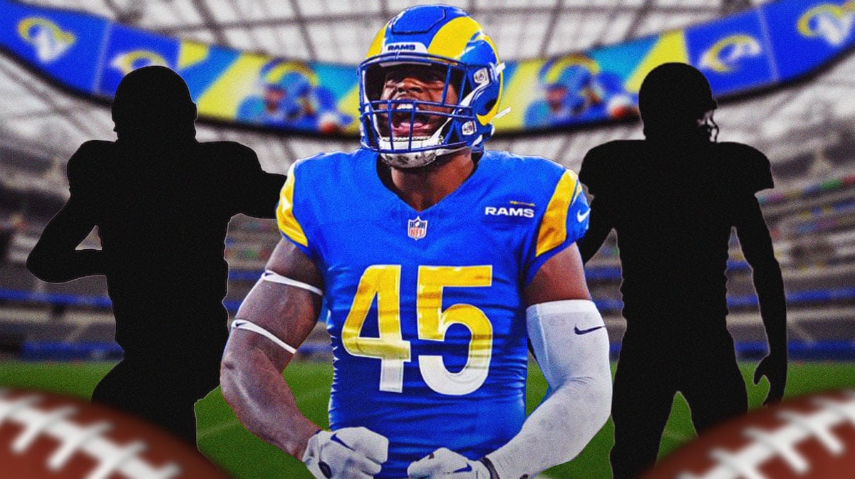 Jared Verse in middle of image looking happy, one silhouetted LA Rams player on each side, football field in background