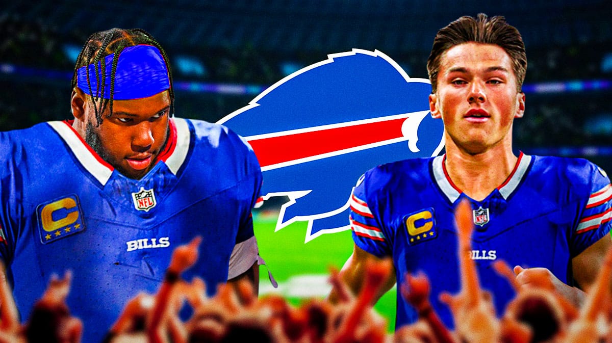 Bills logo in center with Cole Bishop and Sedrick Van Pran-Granger both in Bills uniforms.