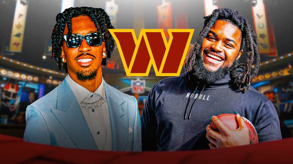 Washington Commanders logo with Jayden Daniels and Jer'Zhan Newton on either side an an NFL draft background.