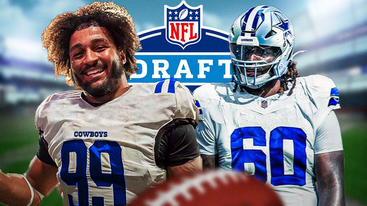 Tyler Guyton and Marshawn Kneeland in Cowboys jerseys with NFL draft logo in the center.