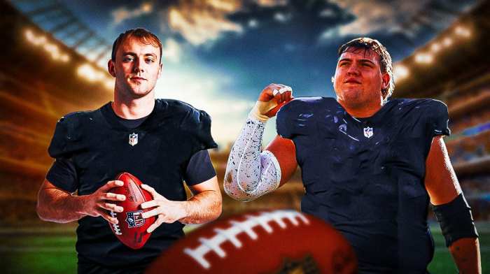 Brock Bowers and Jackson Powers-Johnson in Raiders jerseys after the 2024 NFL Draft.