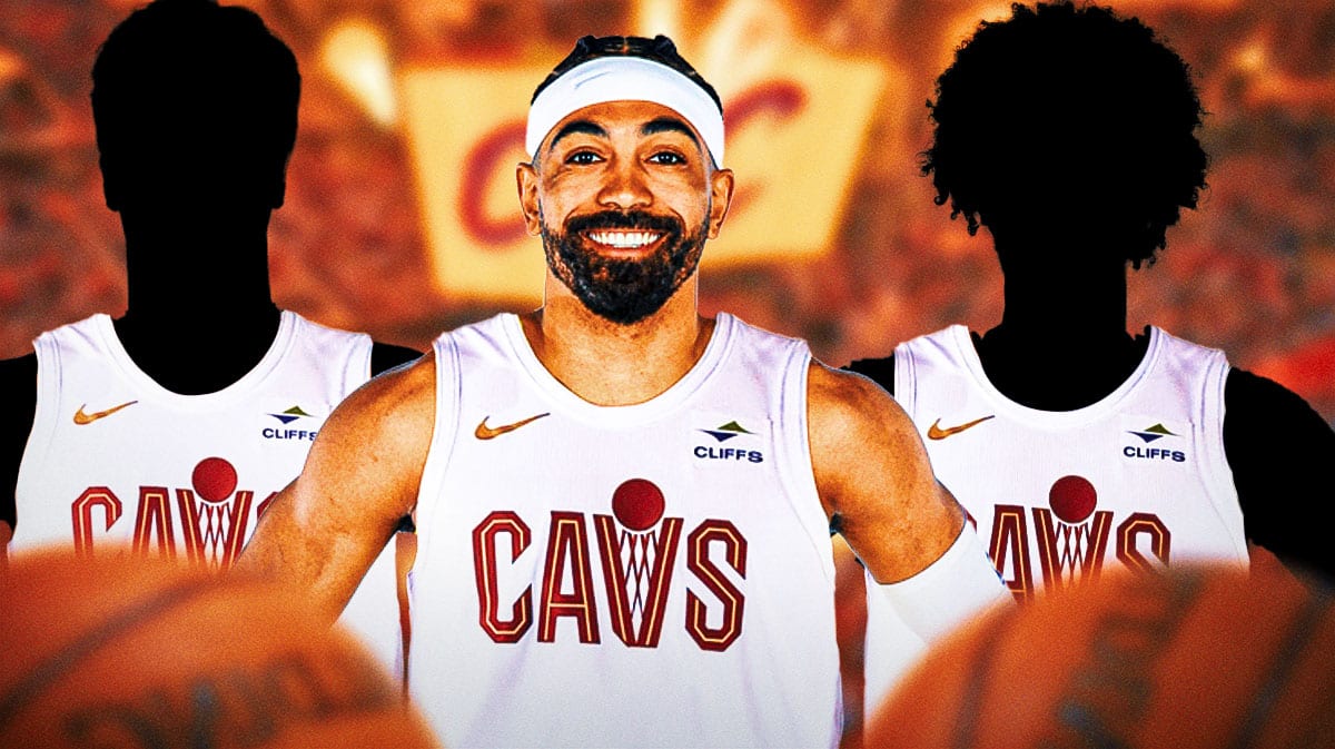 Gabe Vincent, Deni Avdija and Cameron Johnson in Cavs uniforms with a basketball court background.