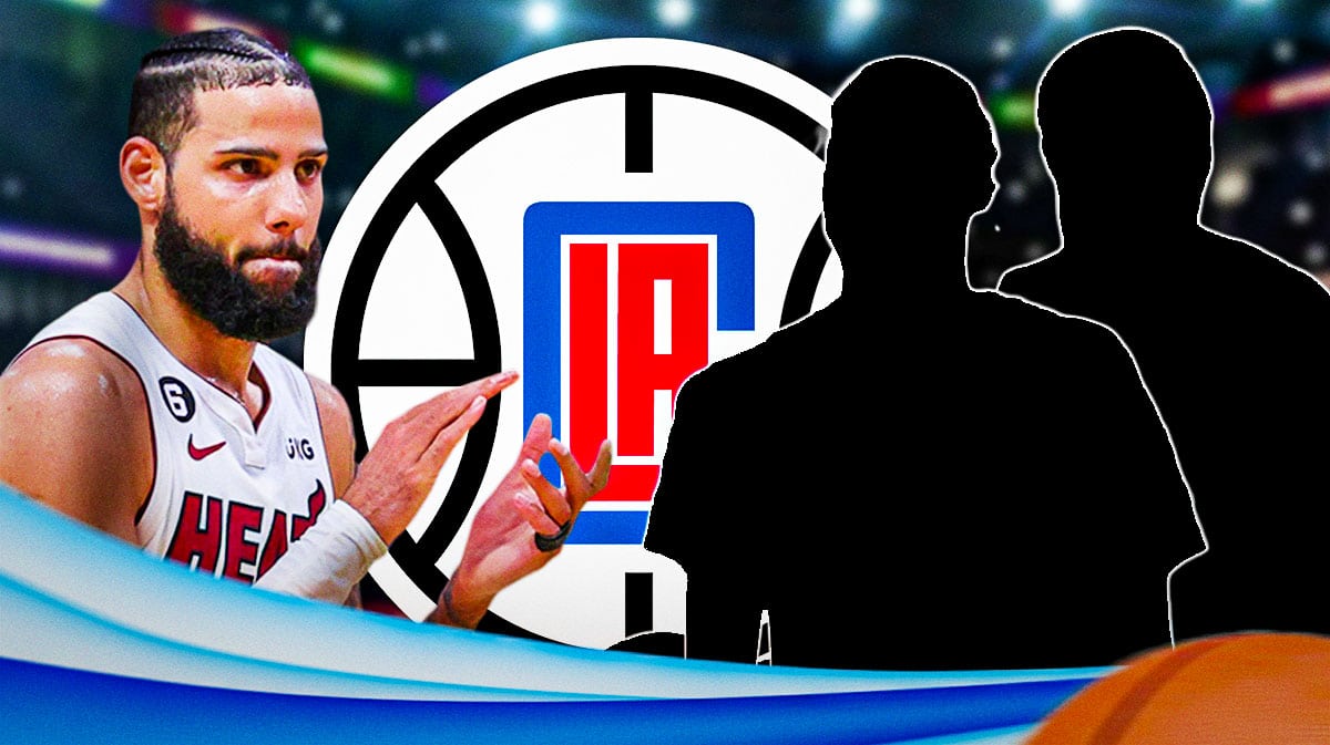 Clippers logo background with Caleb Martin, a silhouette of Derrick Jones Jr. on one side and a silhouette of De'Anthony Melton on the other