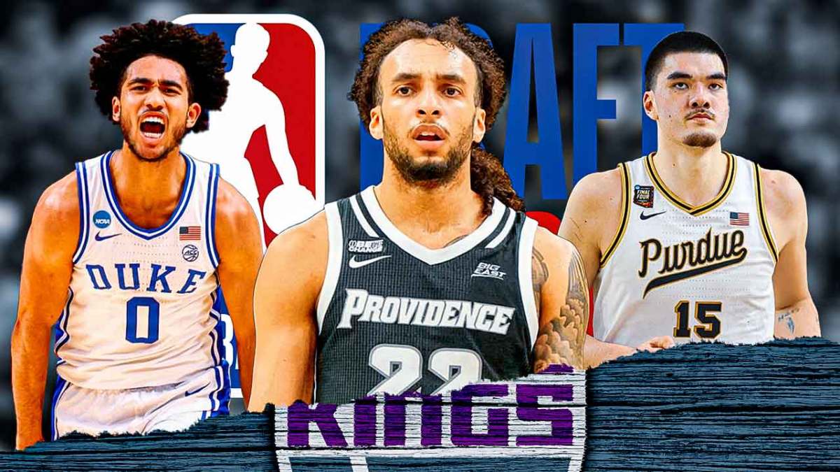 Photo: Devin Carter, Jared McCain, Zach Edey, Sacramento Kings logo beside them, 2024 NBA Draft in background