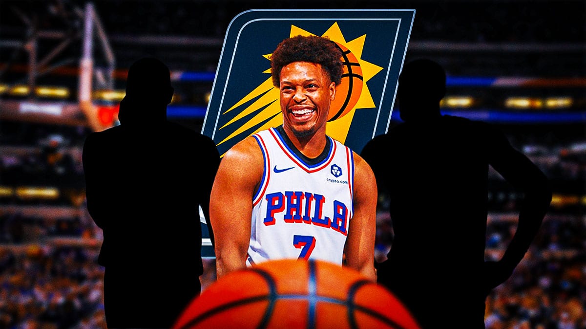Suns logo in front with NBA free agency targets Kyle Lowry in the center with a silhouette of Torrey Craig on one side and a silhouette of Kris Dunn on the other.