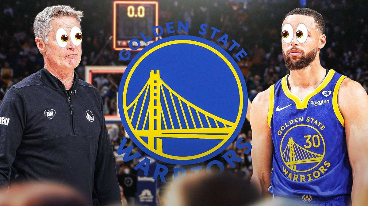 Steve Kerr and Steph Curry with emoji eyes next to a Warriors logo