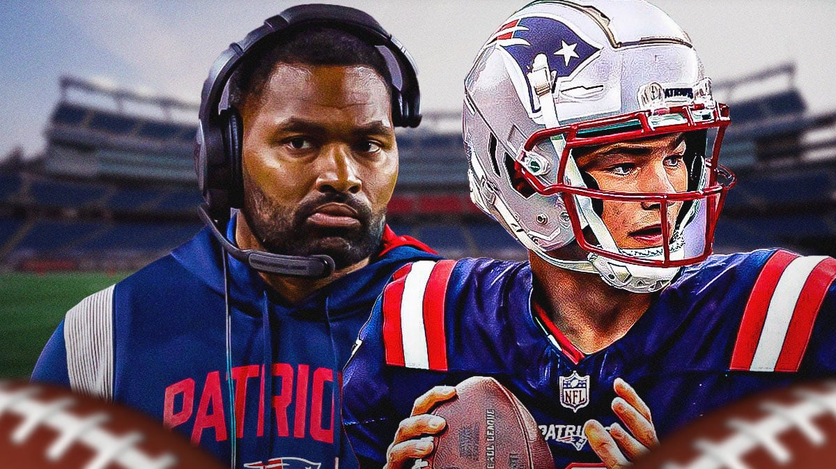 Patriots rookie QB Drake Maye, HC Jerod Mayo, Gillette Stadium behind them