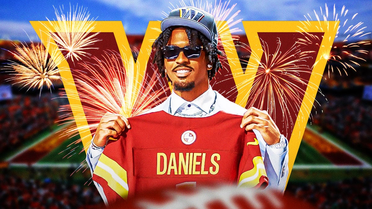 Jayden Daniels in the middle, Fireworks around him, and Washington Commanders wallpaper in the background