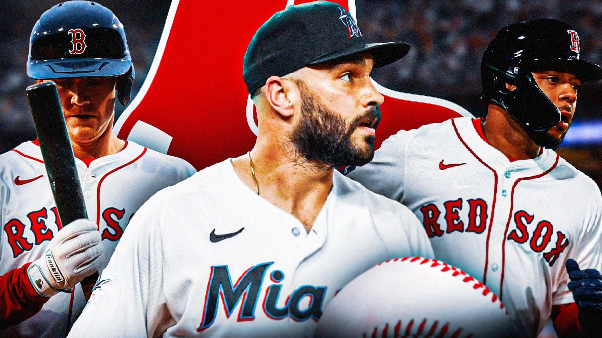 Dominic Smith and Garrett Cooper on either side of image, Tanner Scott in middle of image, Boston Red Sox logo, baseball field in background