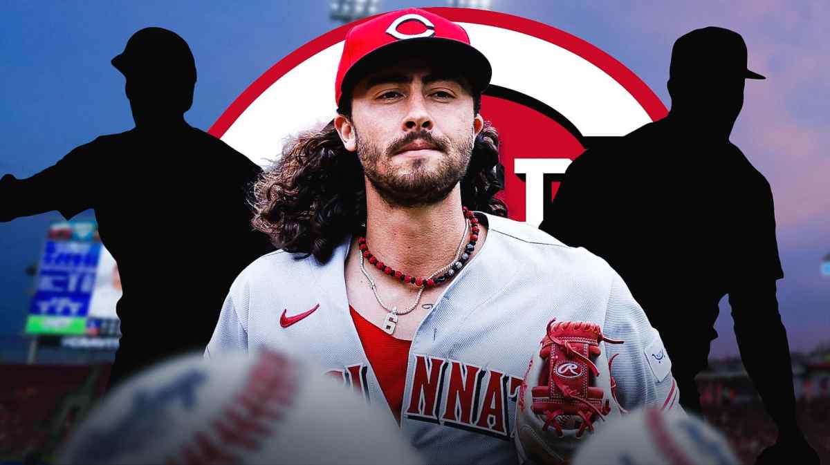 Jonathan India in middle looking stern, one silhouetted Cincinnati Reds player on each side, CIN Reds logo, baseball field in background