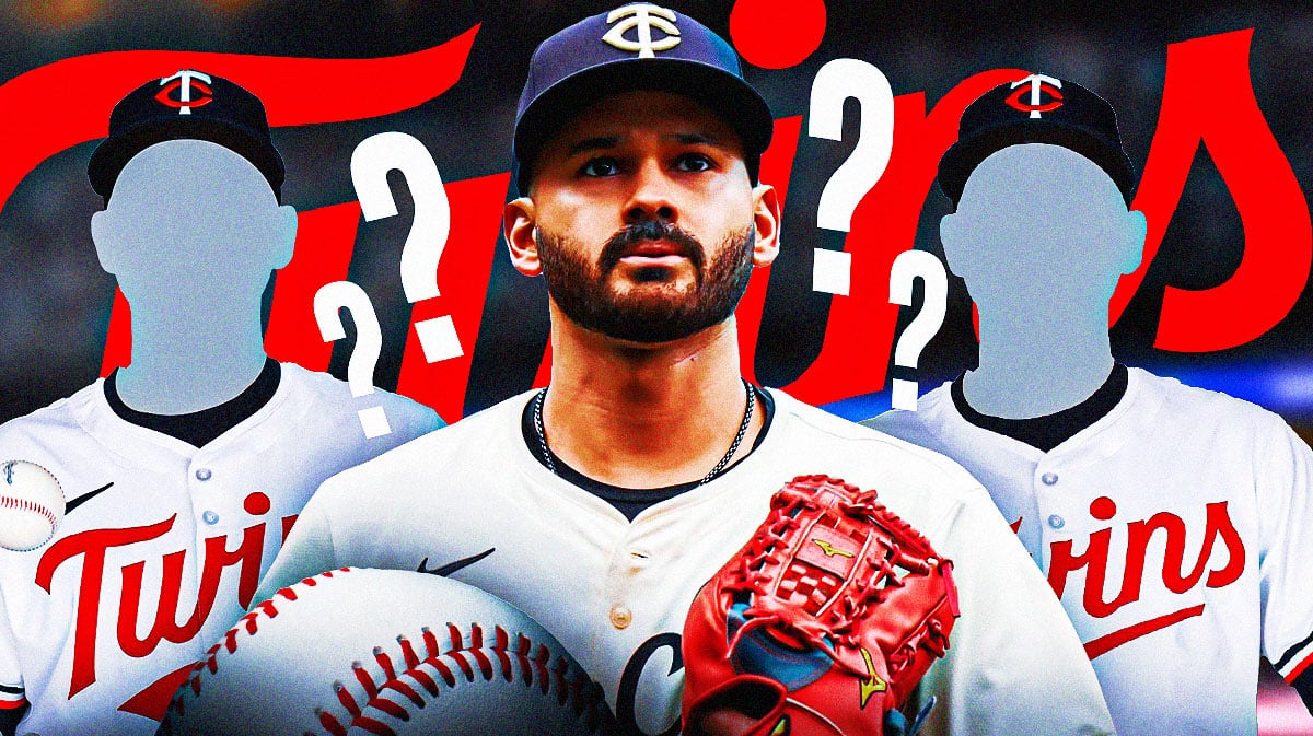 Pablo Lopez in middle looking stern, one silhouetted Minnesota Twins player on each side, Minnesota Twins logo, baseball field in background, 3-5 question marks