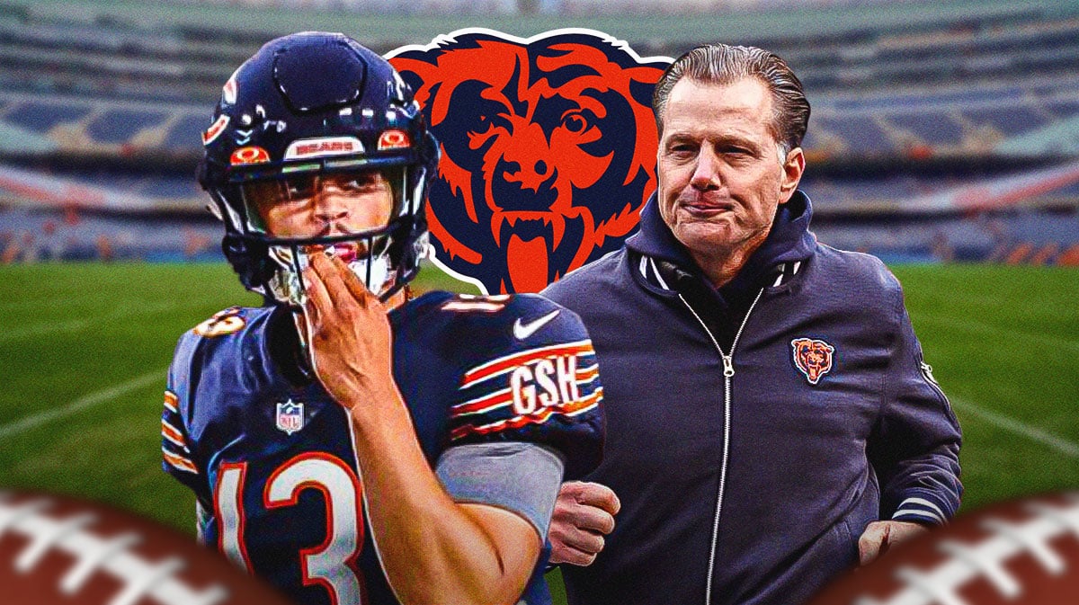 Caleb Williams, Matt Eberflus and Bears logo with Soldier Field in background