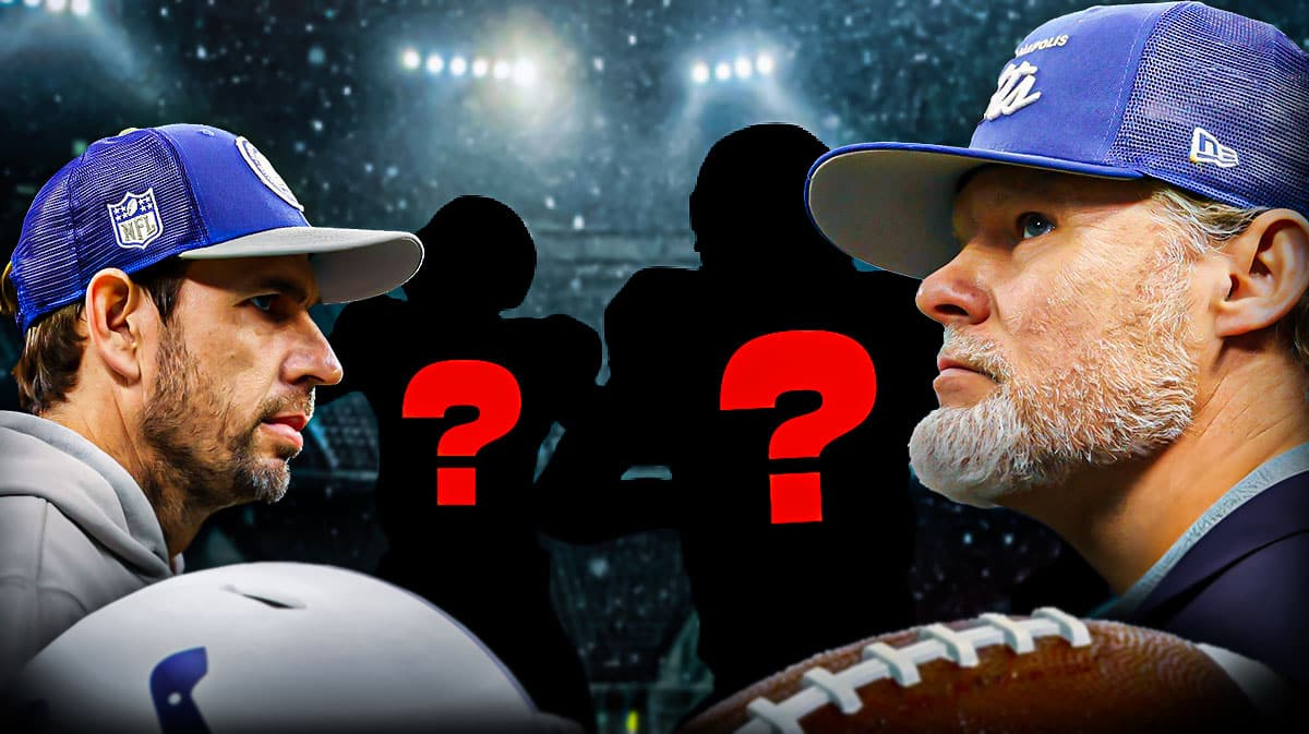 Indianapolis Colts head coach Shane Steichen with general manager Chris Ballard and two silhouettes of American football players with big question marks inside them. There is also a logo for the Indianapolis Colts.
