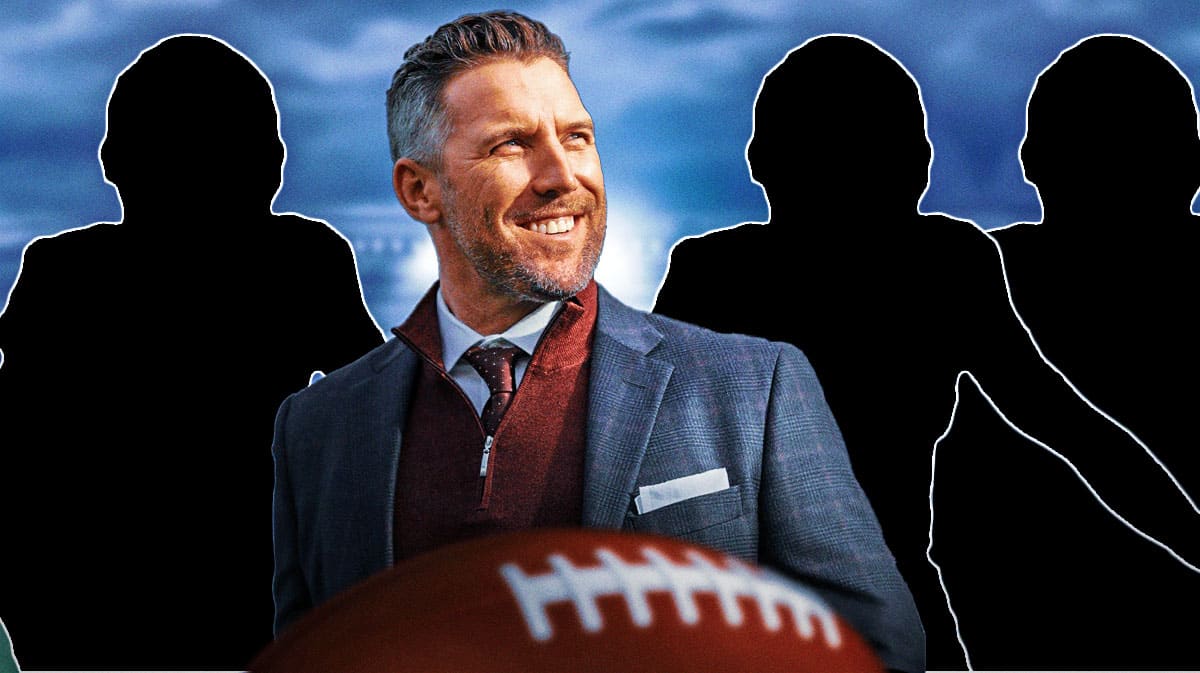 Adam Peters in the middle, 3 mystery players around him, Washington Commanders wallpaper in the background