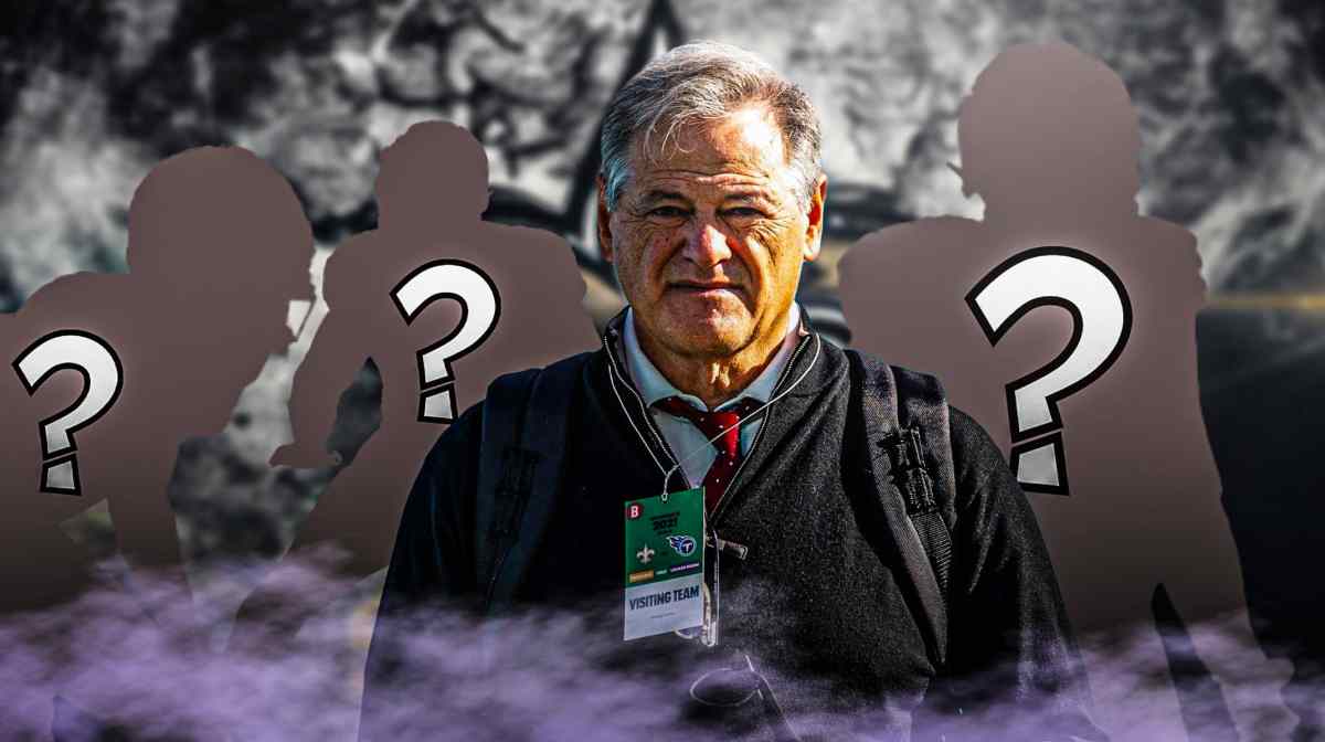 Mickey Loomis in the middle, 3 mystery players around him, New Orleans Saints wallpaper in the background
