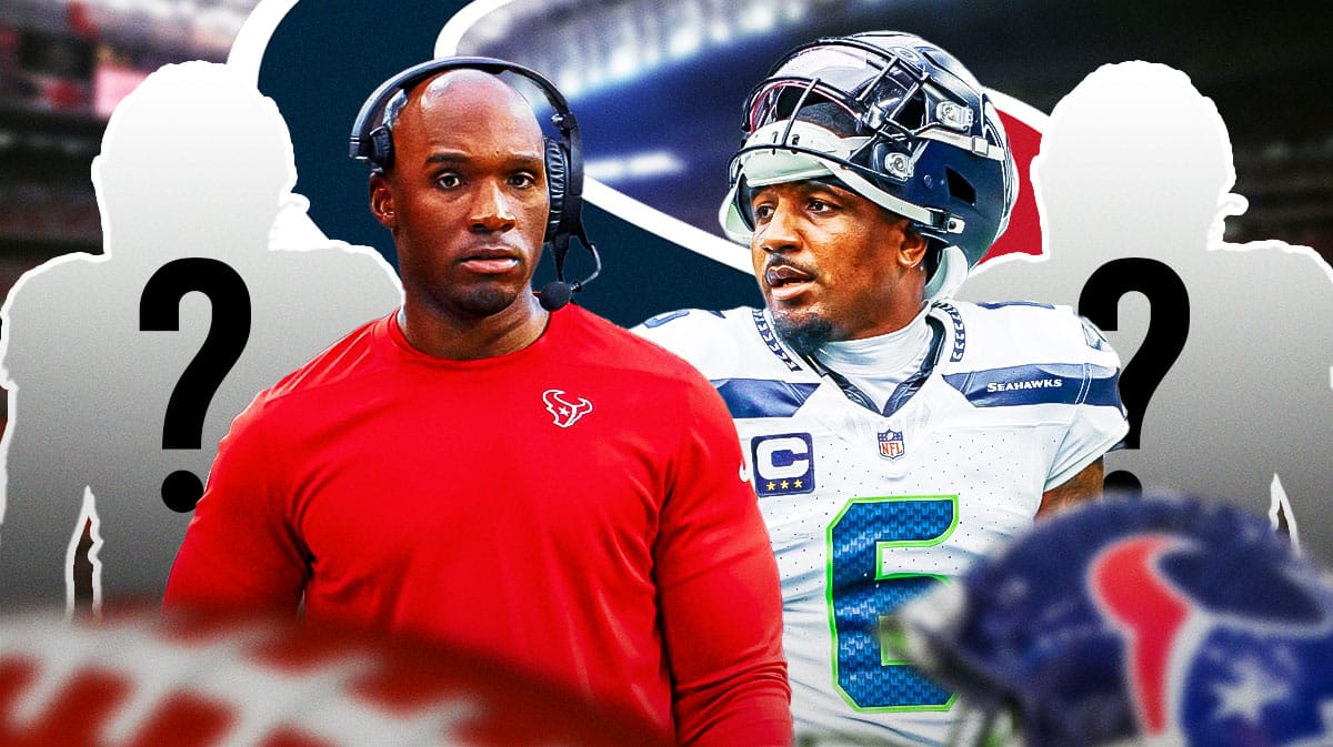 Houston Texans head coach DeMeco Ryans with NFL safety Quandre Diggs and two silhouettes of American football players with question marks inside. There is also a logo for the Houston Texans.