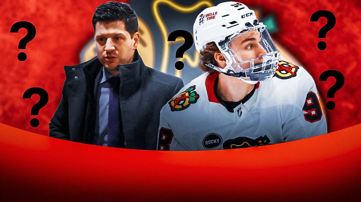 Connor Bedard and Kyle Davidson both looking hopeful, Chicago Blackhawks logo, 3-5 question marks, hockey rink in background