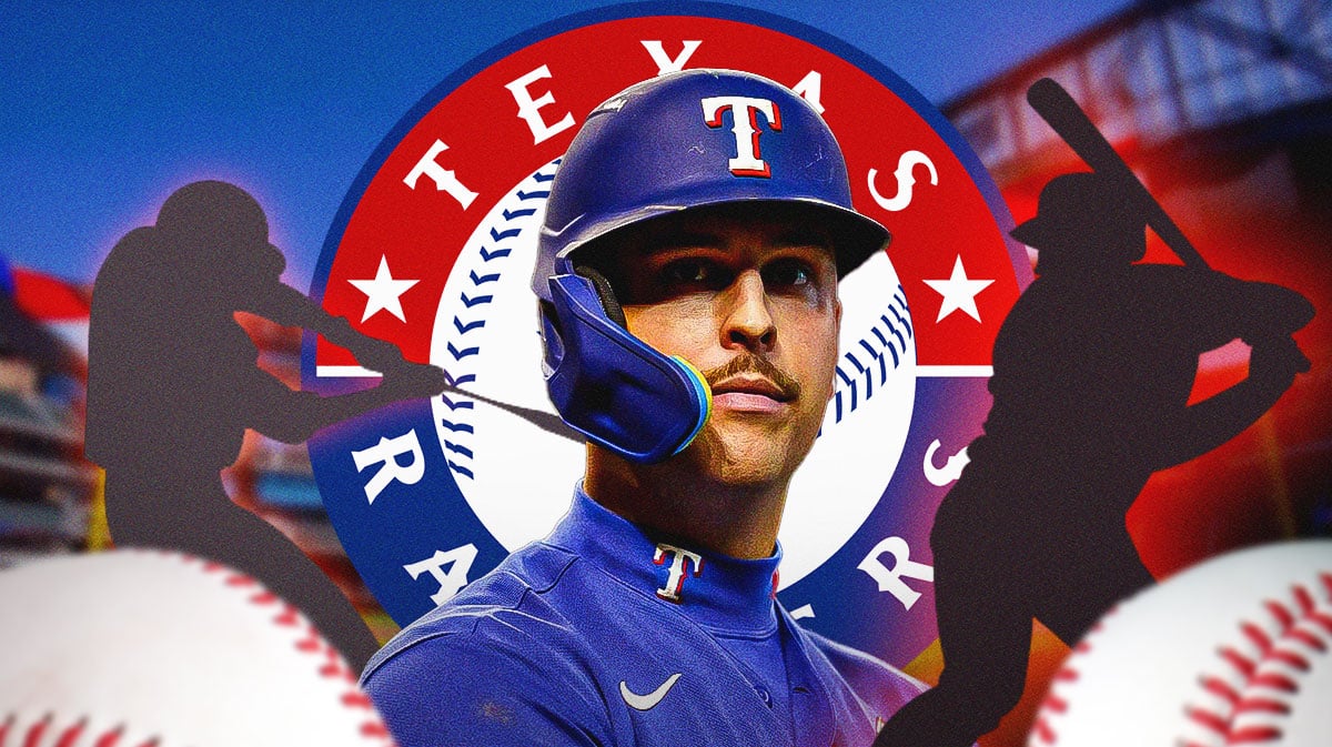 Nathaniel Lowe in middle looking stern, 2 other silhouetted Texas Rangers players, Texas Rangers logo, baseball field in background