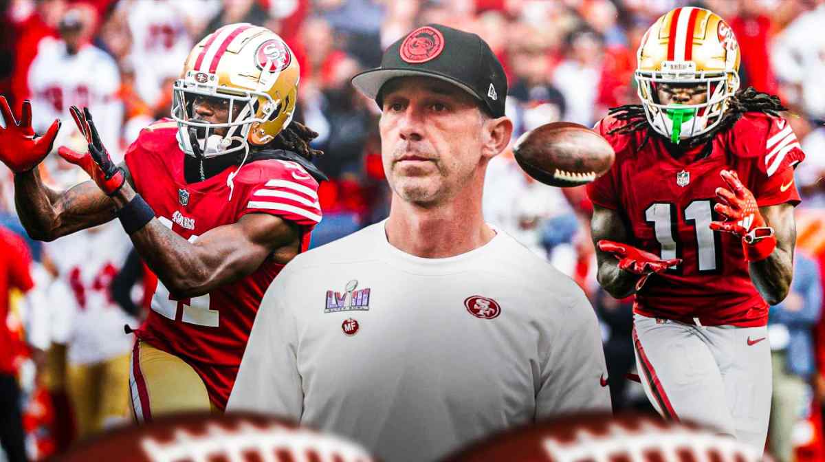 49ers Kyle Shanahan next to Brandon Aiyuk catching a pass twice
