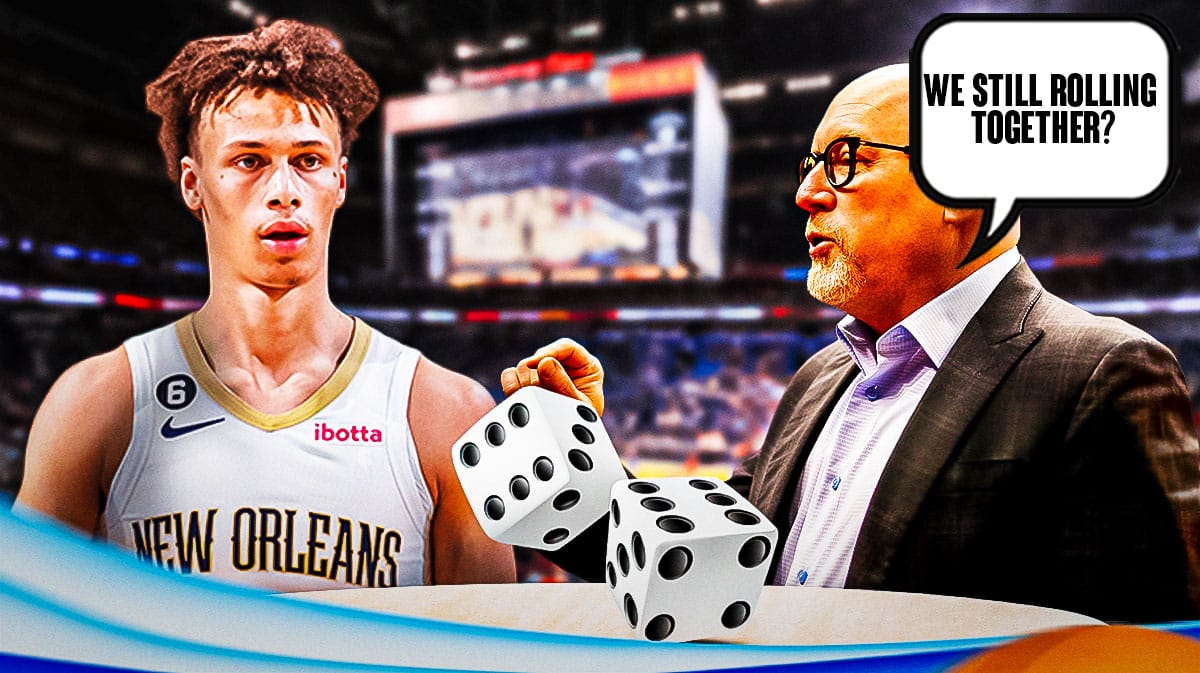 Pelicans' Dyson Daniels asking David Griffin "we still rolling together?" with some dice and a craps table in the background. Drafting Dyson was always a gamble. He is also known as 'Dice' in New Orleans.