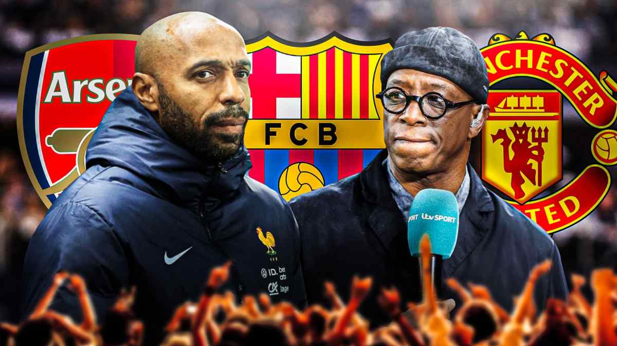 Thierry Henry, Ian Wright in front of the Arsenal logo, the Manchester United and Barcelona logos on the sides
