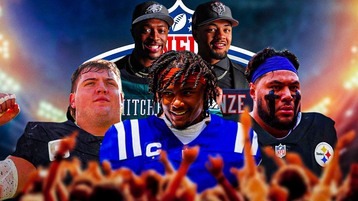 Photo: Quinyon Mitchell in Eagles jersey, Rome Odunze in Bears jersey, Adonai Mitchell in Colts jersey, Jackson Powers-Johnson in Raiders jersey, Troy Fautanu in Steelers jersey, 2024 NFL Draft logo in background