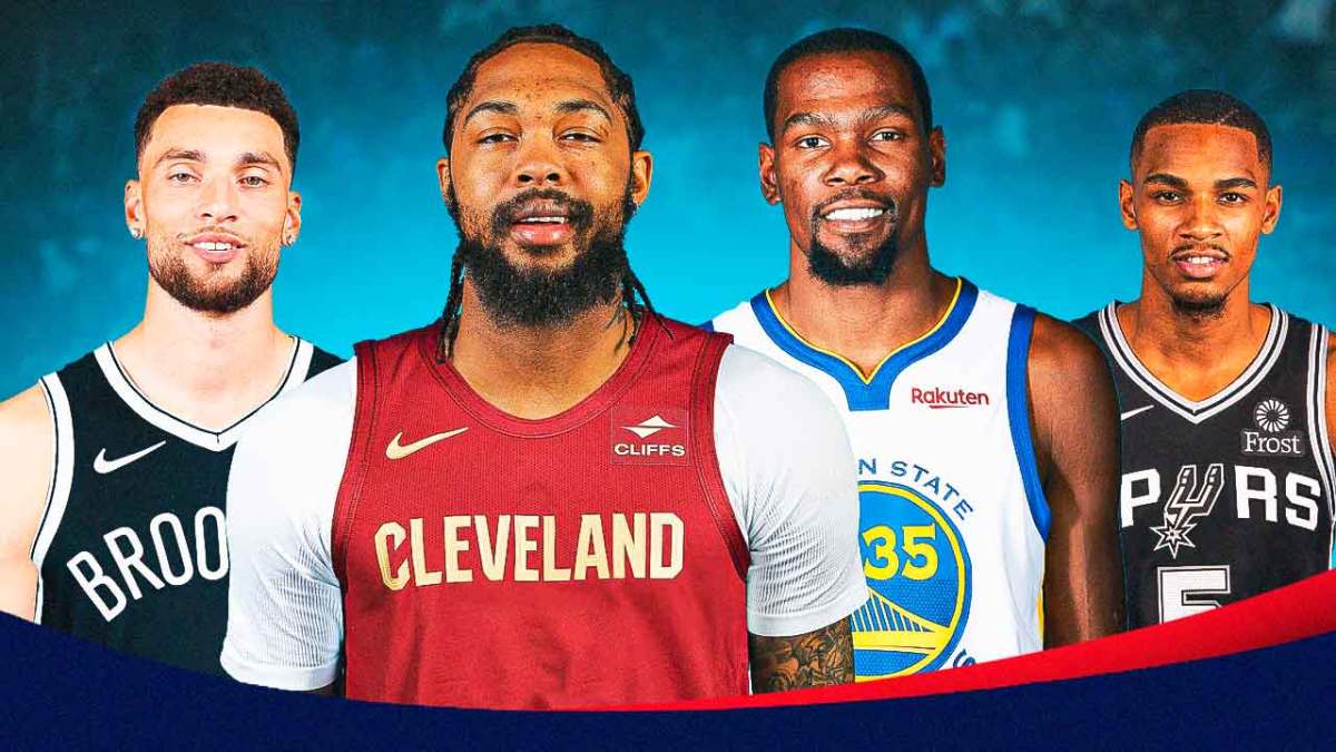 Kevin Durant in Warriors uniform, Brandon Ingram in Cavs, Zach LaVIne in Nets and Dejounte Murray in Spurs