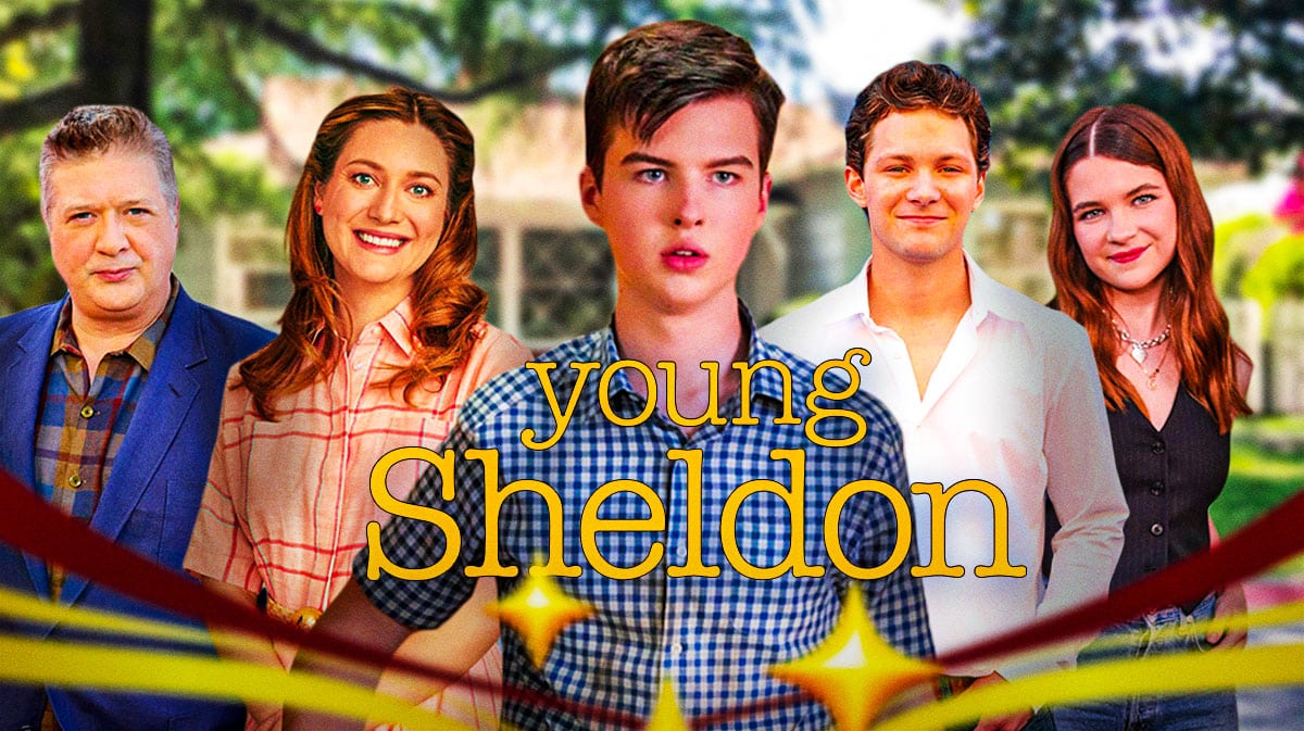 Young Sheldon logo and house with stars Lance Barber, Zoe Perry, Iain Armitage, Montana Jordan, and Raegan Revord ahead of series finale.