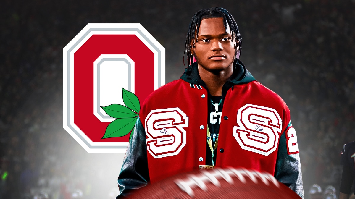 5-star safety Trey McNutt stands next to Ohio State football, Big 10 logos