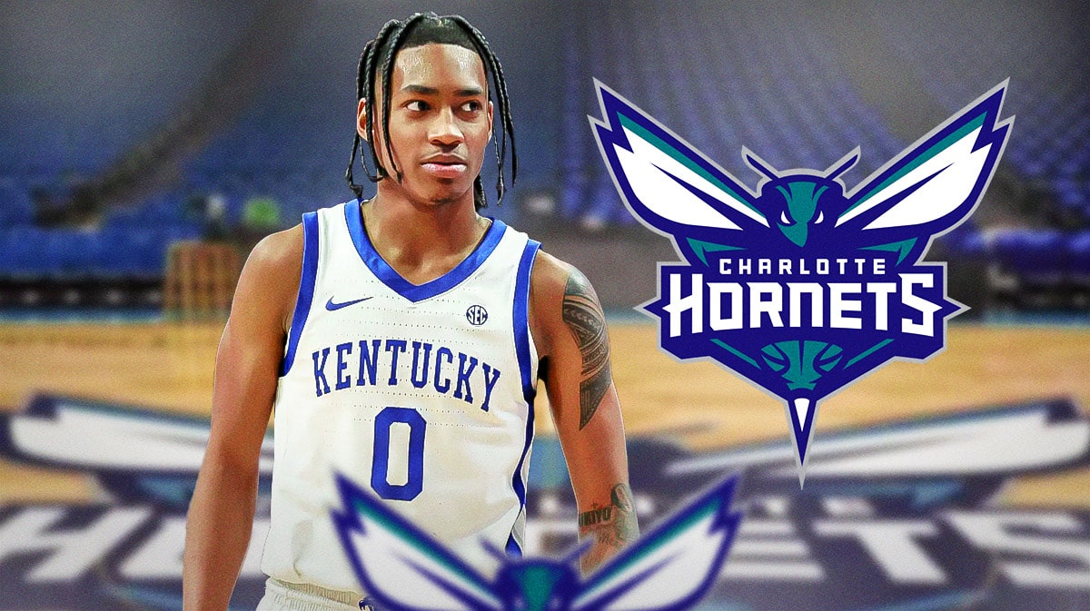 Rob Dillingham in image, Charlotte Hornets logo, basketball court in background