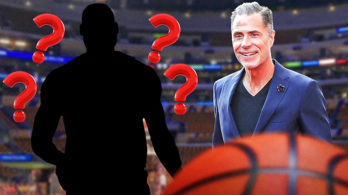 A shadowed silhouette of Los Angeles Lakers star LeBron James with question marks around it. Next to him is Lakers GM Rob Pelinka.