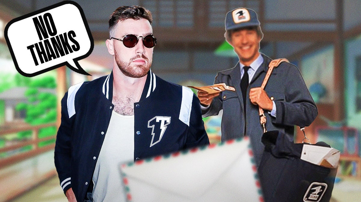 Travis Kelce and a mail man trying to hand him some envelopes. Kelce has speech bubble, "No thanks"