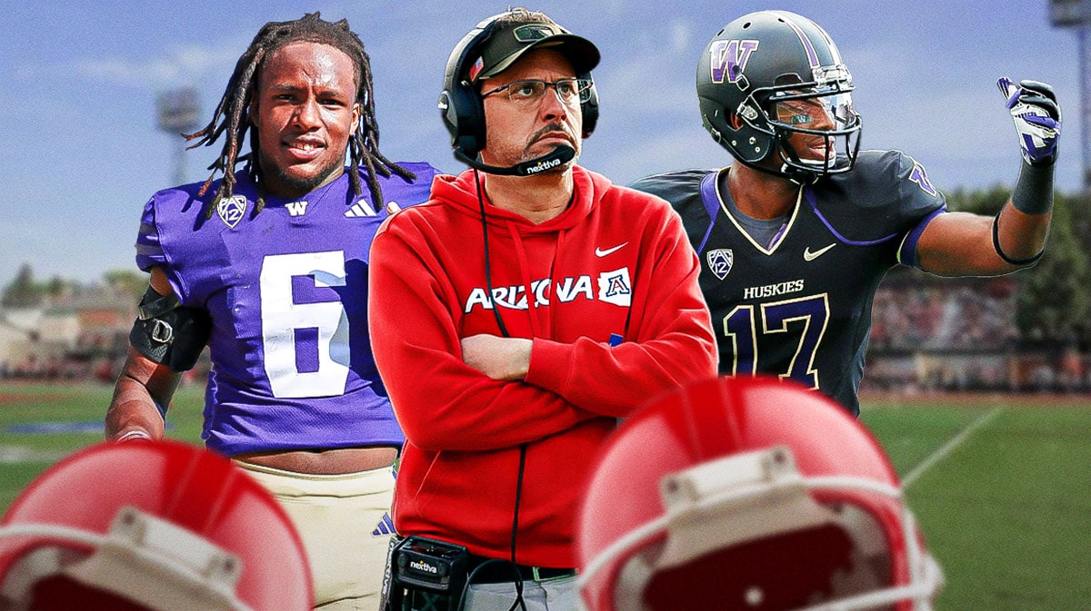 Washington football, Jedd Fisch, Dermaricus Davis, Huskies, Washington football transfer portal, Jedd Fisch with Davon Banks and Dermaricus Davis (both in Washington unis) with Washington's college football stadium in the background