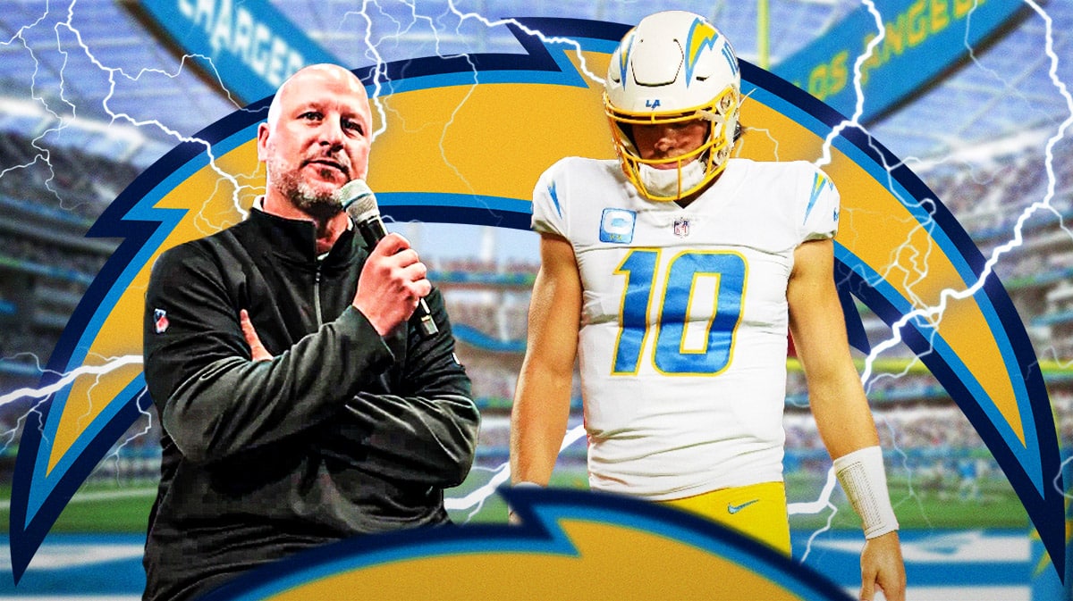 Los Angeles Chargers general manager Joe Hortiz and quarterback Justin Herbert