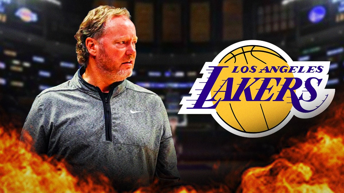 Former Milwaukee Bucks head coach Mike Budenholzer with a Los Angeles Lakers logo