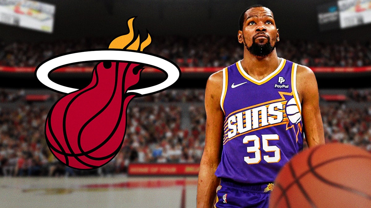 Suns forward Kevin Durant stares at Timberwolves crowd beside Heat logo during NBA Playoffs
