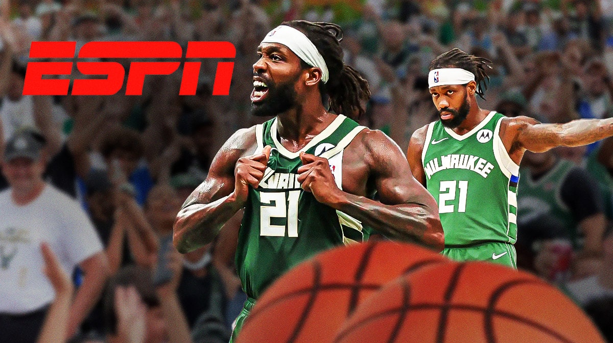 Bucks' guard Patrick Beverley, looking at an ESPN logo.
