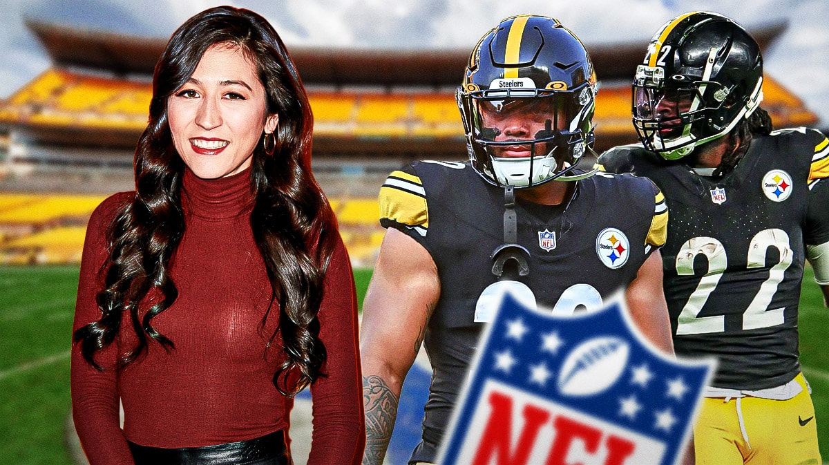 ESPN’s Mina Kimes with Pittsburgh Steelers running backs Jaylen Warren and Najee Harris.