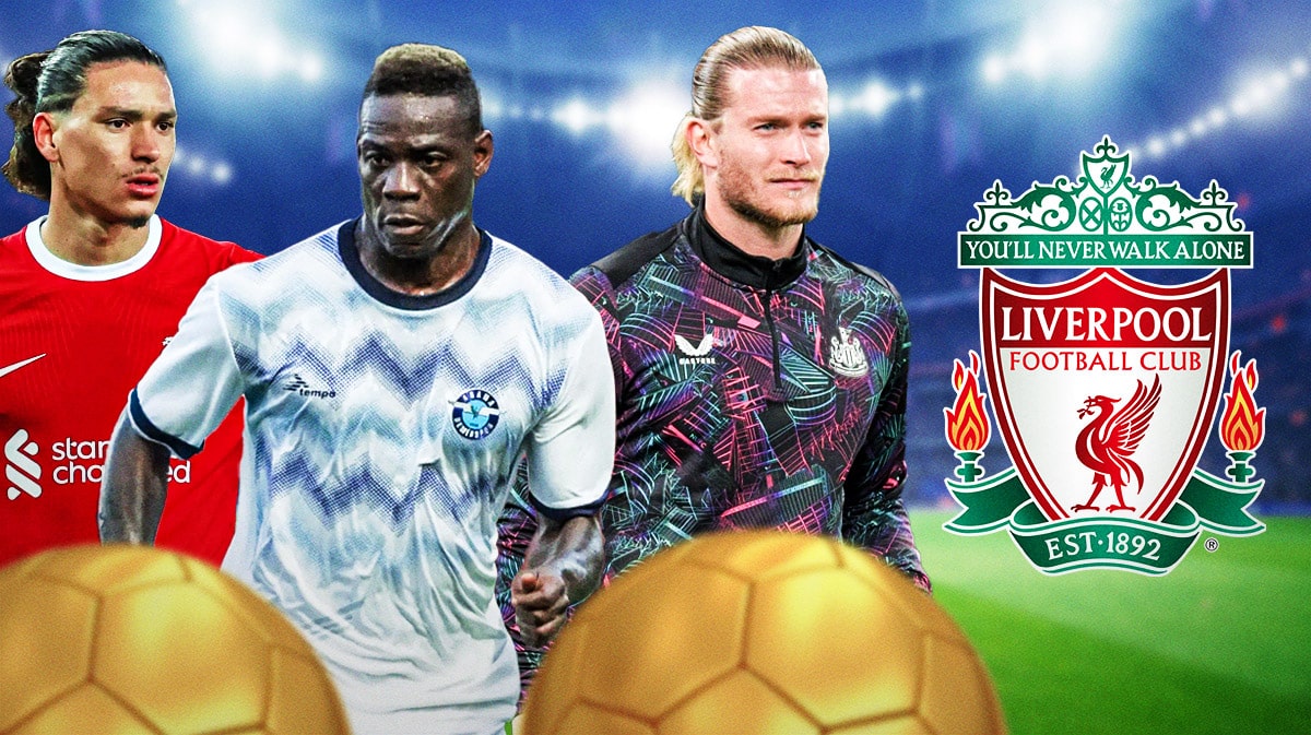 Mario Balotelli, Darwin Nunez, Loris Karius in front of the Liverpool logo