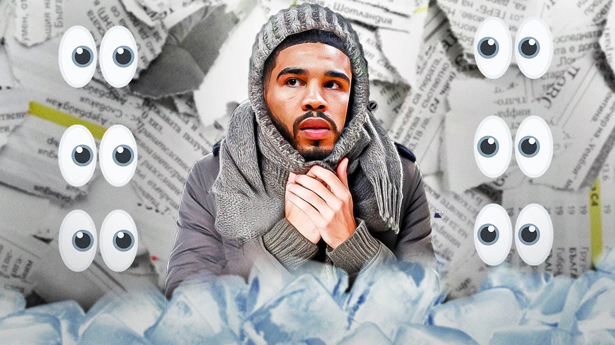 A newspaper as the background, Jayson Tatum freezing cold with a bunch of the big eyes emojis in the background
