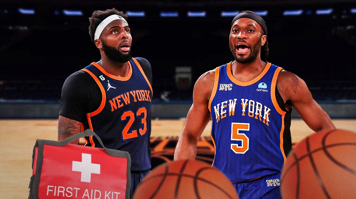 Knicks' Mitchell Robinson with a first aid kit, Precious Achiuwa