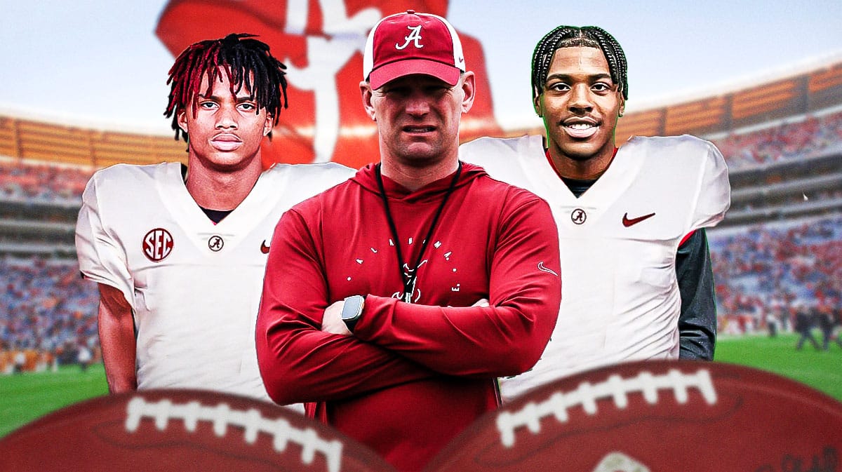Alabama football, Crimson Tide, Kalen DeBoer, Rome Odunze, Kalen DeBoer Alabama, Kalen DeBoer with Ryan Williams and Germie Bernard (both in Alabama unis) and Alabama football stadium in the background