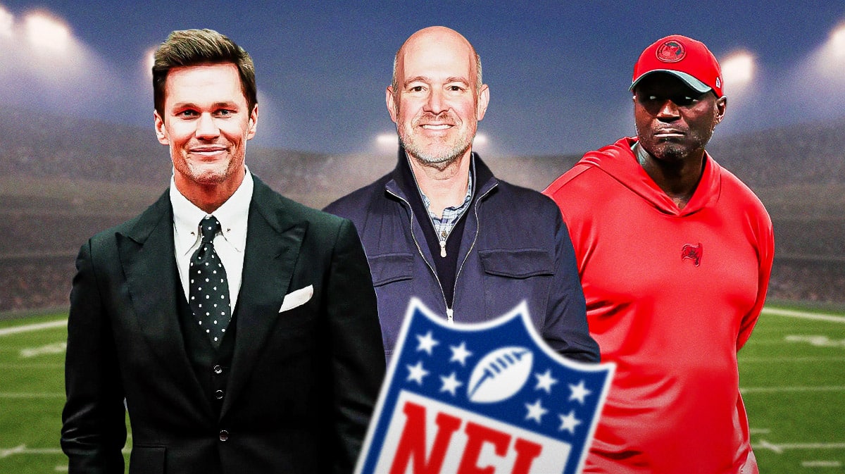 Former NFL QB Tom Brady with sportscaster Rich Eisen and Tampa Bay Buccaneers head coach Todd Bowles.