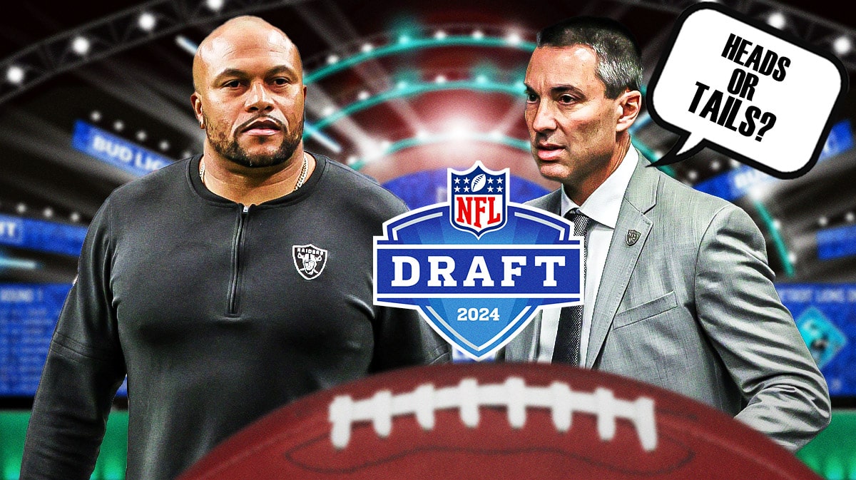 Las Vegas Raiders head coach Antonio Pierce and general manager Tom Telesco. Telesco has a speech bubble that says “Heads or tails?” There is also a logo for the 2024 NFL Draft.