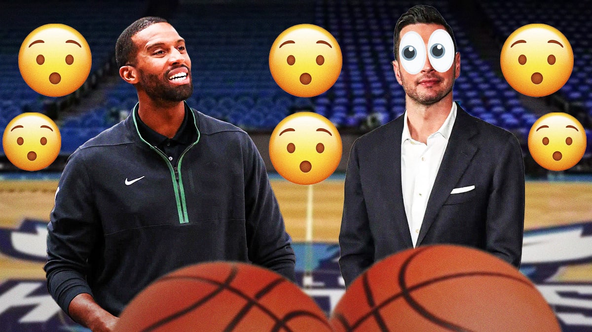 Charles Lee in Charlotte Hornets gear on one side, JJ Redick on the other side with the big eyes emoji over his face, a bunch of shocked emojis in the background