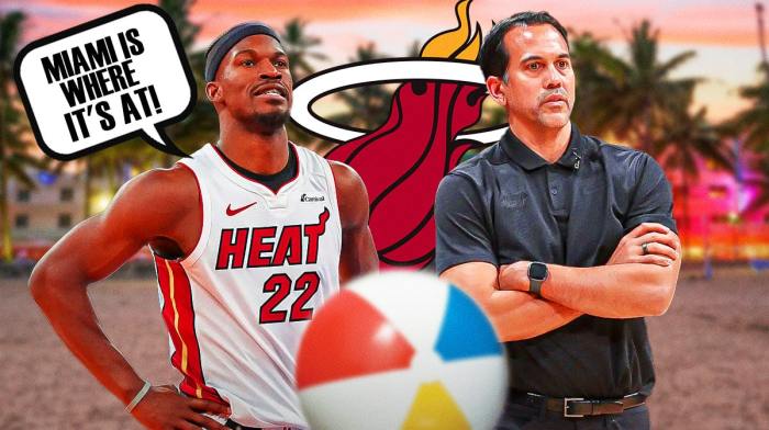 Heat's Jimmy Butler saying "Miami is where it's at" on the beach next to Erik Spoelstra