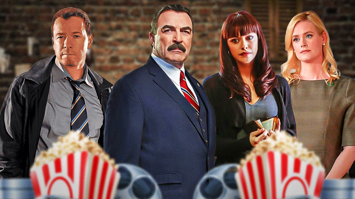Blue Bloods stars Frank (Tom Selleck), Danny (Donnie Wahlberg), Baez (Marisa Ramirez) and Abigail (Abigail Hawk).