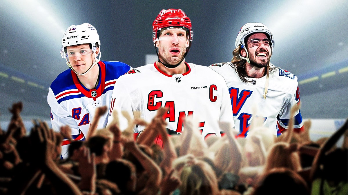 Jordan Staal in middle of image looking stern, Artemi Panarin and Mika Zibanejad on either side looking happy, Carolina Hurricanes logo, hockey rink in background