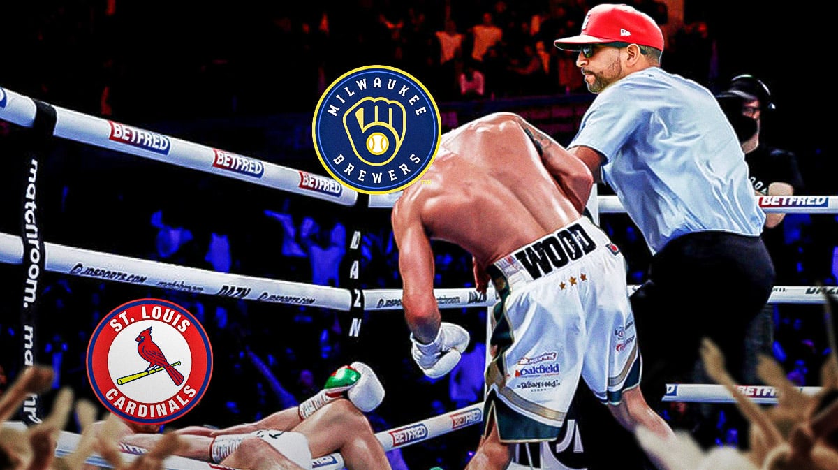 Two boxers in a boxing ring and a referee. One of the boxers down on the ground knocked out with the St. Louis Cardinals logo over their face, the other boxer standing up with the Milwaukee Brewers logo over their face, Oliver Marmol's face over the referee